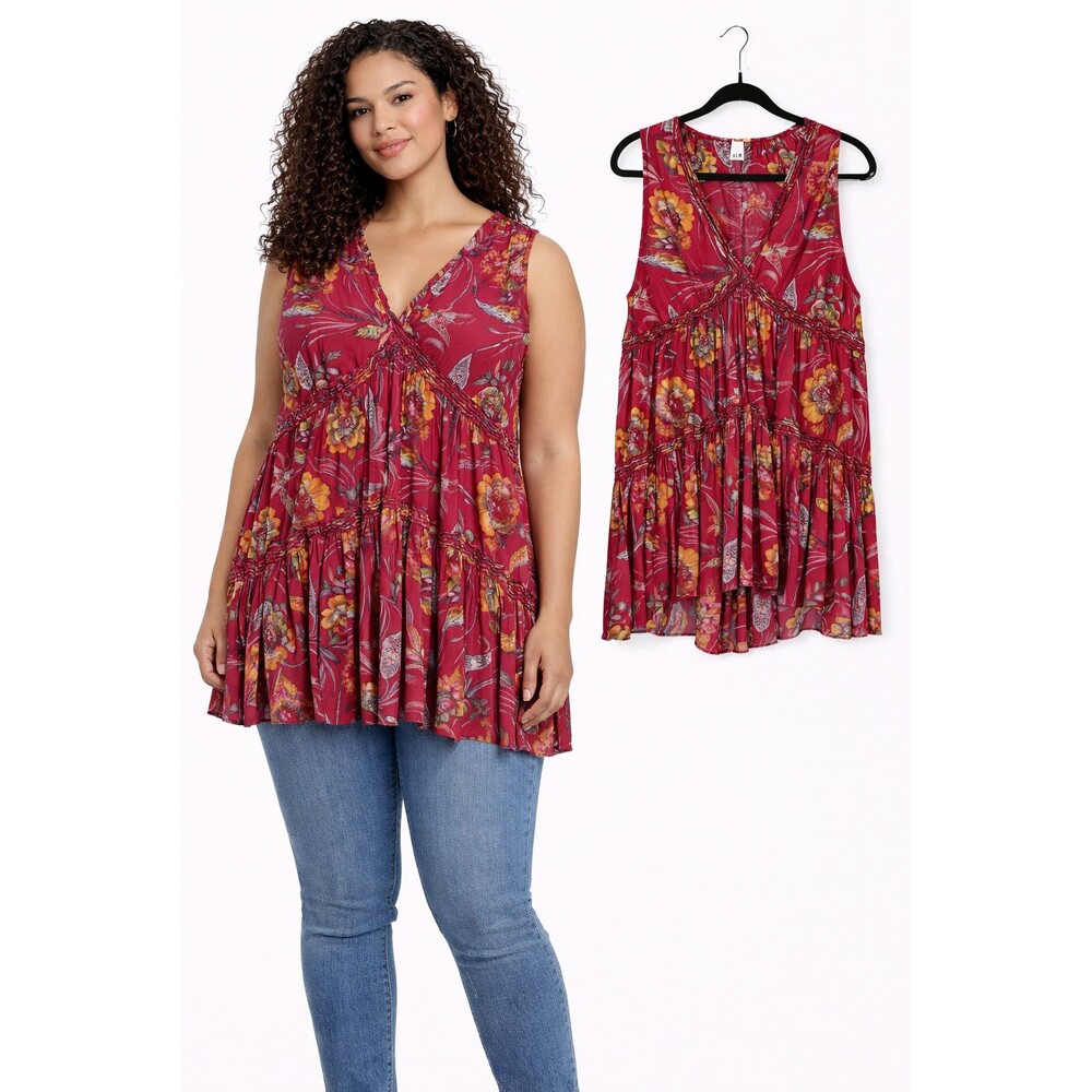 Free People Purple Haze Printed V Neck Floral Tunic Tank Size XS